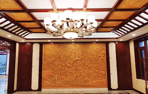 阿坝中式别墅客厅中式木作横梁吊顶装饰展示